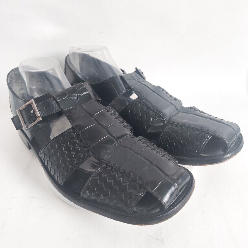 Stacy Adams Black Woven Leather Fisherman Sandals Size 12 Huarache Silver Buckle - Picture 3 of 13